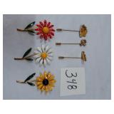 3 FLOWER PINS, 3 HAT PINS