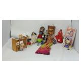 Vintage lot of dolls, figures,  2 faced wooden