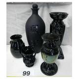 COLLECTION OF BLACK VASES AND CANDLE HOLDERS