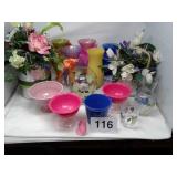 LOT OF COLORFUL VASES, FLOWERS, PRECIOUS MOMENTS