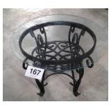 BLACK WROUGHT IRON AND GLASS TOP END TABLE 28" L
