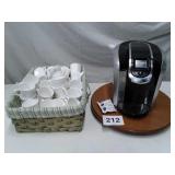 KEURIG COFFEE POT, BASKET OF CORNING COFFEE MUGS
