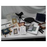 LOT OF PICTURE FRAMES, FISHING SEAT AND STOOL