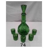 GREEN MOON & STARS LIQUOR DECANTER,  GLASSES