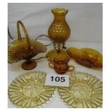 AMBER GLASS BASKET, LAMP..HAS CHIP, PLATES, ETC.