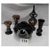 LARGE BLACK VASE, WOOD VASE, CANDLE STANDS