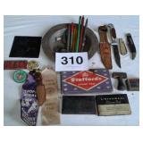KNIVES, STAMP AND INK PADS, CUMB CO RIBBONS, ETC