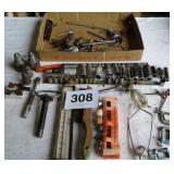 SOCKETS, CLAMPS, THERMOMETER, FLAT OF MISC ITEMS