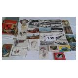 POSTCARDS, CAR PICS, IRON STILL BANKS BOOK, ETC