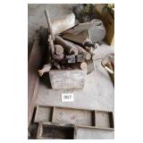 WOODEN CRATE W BANISTER POST, TABLE LEGS, BOXES