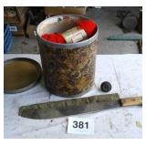 MACHETE, OLD DOOR KNOB, CANISTER OF YARN AND