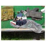 LURE BOX AND LURES, SZ 10 BOOTS, ETC