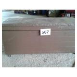 WOOD AND TIN CHEST ON WHEELS