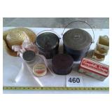 WOODEN SEALED PIGGY BANK, TIN BUCKETS, CAMPBELLS