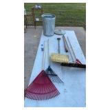 Racks, snow shovel, broom, garbage can w lid