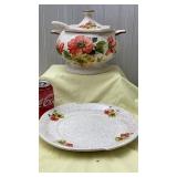 Flowered soup dish, soup spoon and plate