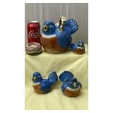 Blue bird-Tea pot, salt and pepper shaker, cream
