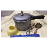 Presto cooker, funnel, tongs, strainer