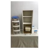 Storage containers, shelving unit, Tupperware