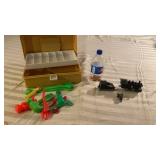 Cast Iron Train, plastic fishing box w tools