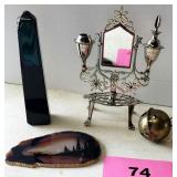 Stone, bell, mini mirror item & a painted stone