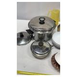 Pots and pans, bowls , pitcher plastic, spices