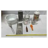 Mixing bowl, whisk, plastic measuring cups