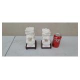Chinese pair of white marble Foo Dogs on wood
