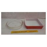 Coral Pyrex Baking Pan and Pyrex Cake Pan.