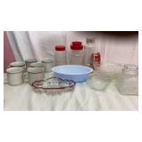 Coffee cups, bowls, baking dish, jars
