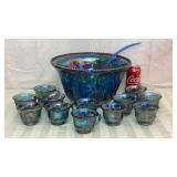 Blue carnival glass punch bowl set