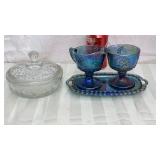 Blue carnival cream and sugar set and candy dish