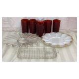 5 hobnail red glasses, iridescent carnival glass