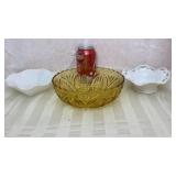Amber glass bowl and 2 milk glass bowls