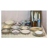 Bowls, coffee cups, platters, knives, can opener,