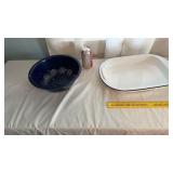 Vintage blue gray swirl granite colander, enamel