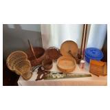 Baskets, saw , welcome sign, yard sticks