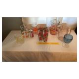 Glasses and pitchers, pink depression has 2 chips