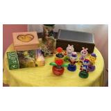 Jar of buttons, jewelry boxes, puzzle, figurine,