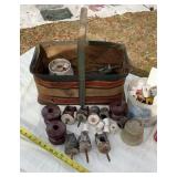 Vintage canvas basket, porcelain insulators