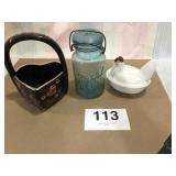 Hen On Nest, Blue Qt. Jar, Heart Shaped Basket