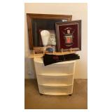 Pictures, lamp, gloves, 3 drawer storage