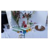 Floral decorations, glass flower stem ware, bell,