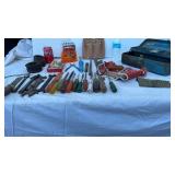 Lot of screwdrivers, wrenches , tool holder, wire