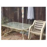 Patio glass top table with chairs & 2 umbrellas