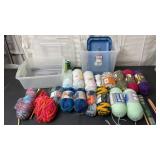 Totes full of yarn, knitting needles