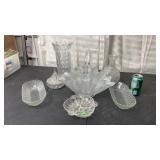 Clear cut glass vases, candy dishes, serving