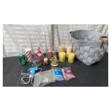 Mini glue gun and glue, candles, woven bag