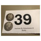 2) 1908 BARBER SILVER QUARTERS