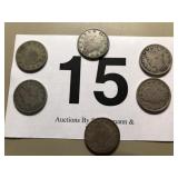 6) V NICKELS 1883, 88, 95, (2) 1911, 1912